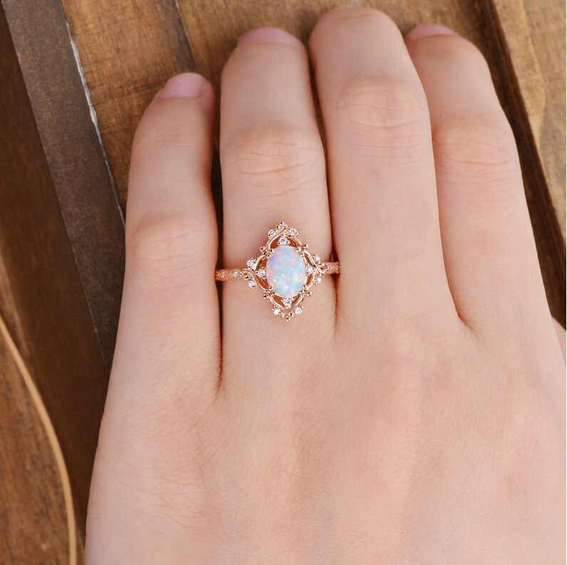 Vintage Court Style Opal Ring - Rose Gold Diamond-Inlaid Opal Band