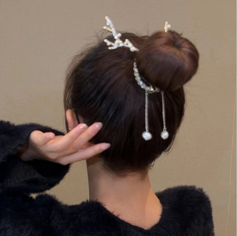 Christmas High Ponytail Hair Clip - Antler Bun Hair Clamp with High-End Tassel Headpiece