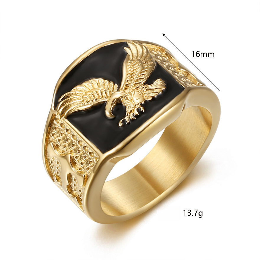 Hip-Hop 18K Gold Flying Eagle Bold Men's Ring (Black-Gold Contrast Style)