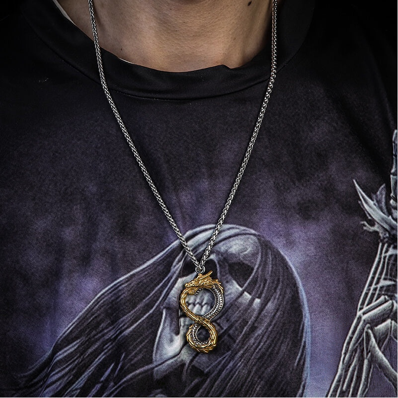Bold Viking Infinity Dragon Titanium Steel Pendant Necklace (Dual-Tone Retro Style)