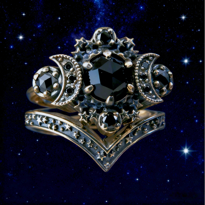 Gothic Moon-Star Double-Layer Ring Set (Dark Mysterious Colored Stone Version)