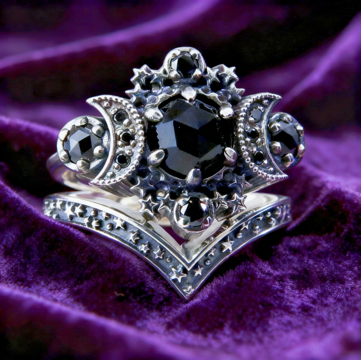 Gothic Moon-Star Double-Layer Ring Set (Dark Mysterious Colored Stone Version)