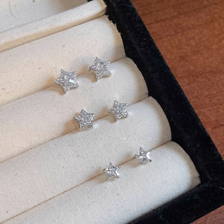 Sterling Silver Full-Zircon Star Stud Earrings