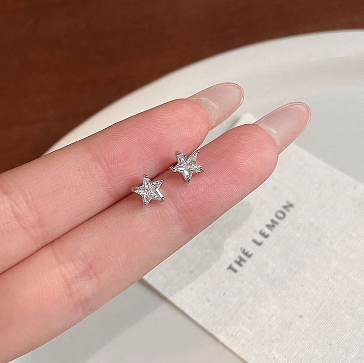 Sterling Silver Full-Zircon Star Stud Earrings