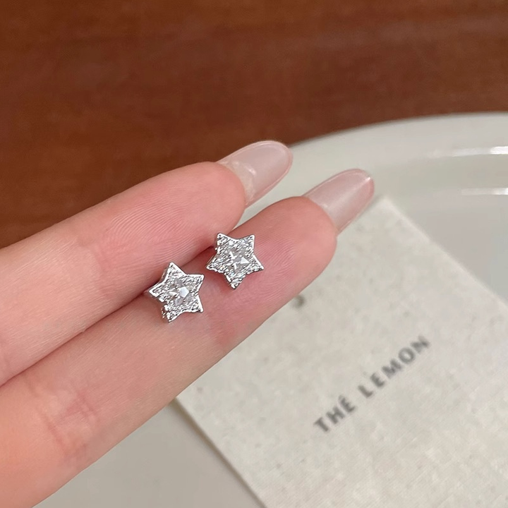 Sterling Silver Full-Zircon Star Stud Earrings