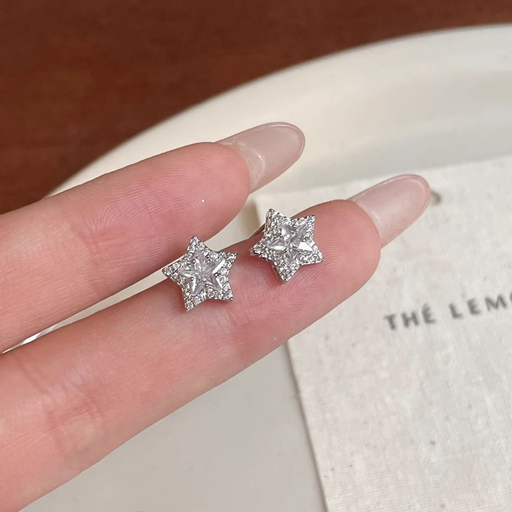 Sterling Silver Full-Zircon Star Stud Earrings