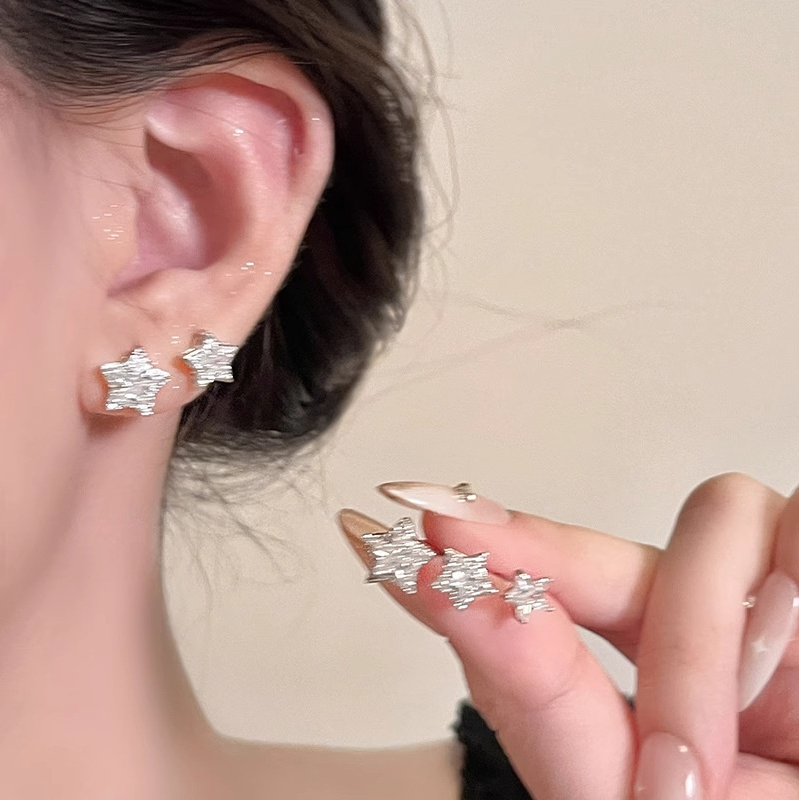 Sterling Silver Full-Zircon Star Stud Earrings