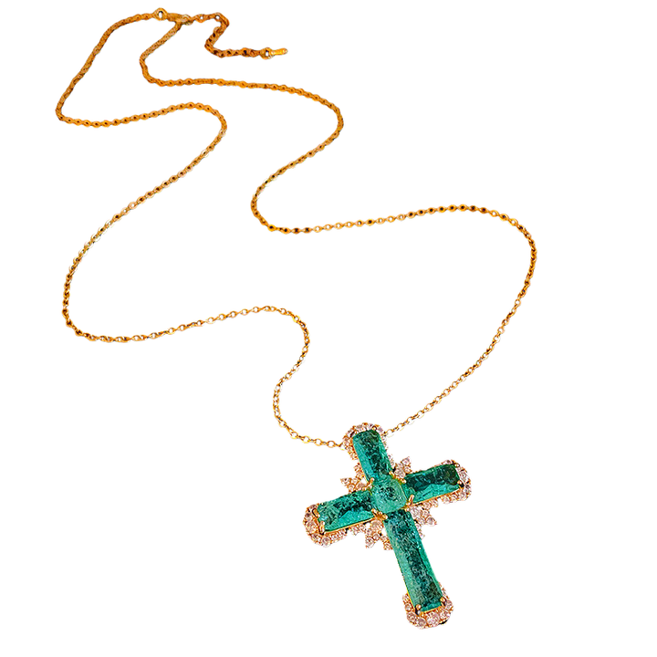 Colored Gem Cross 18K Gold Necklace