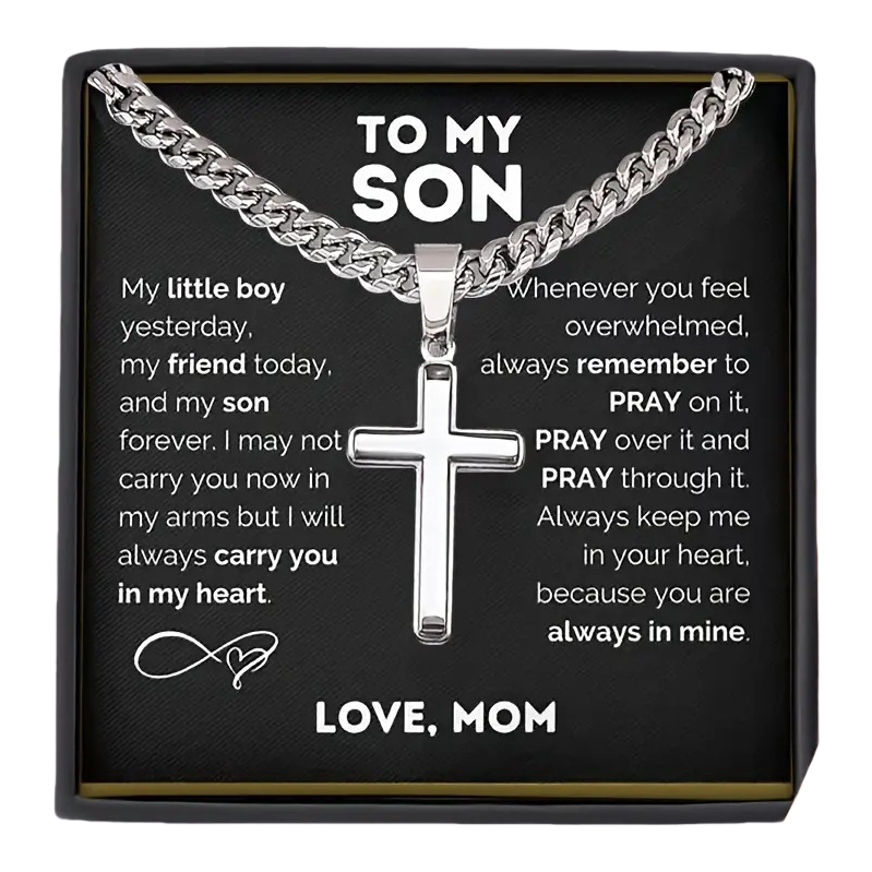 "To My Son" Cross Cuban Link Necklace (Motherly Love & Faith Memorial Style)