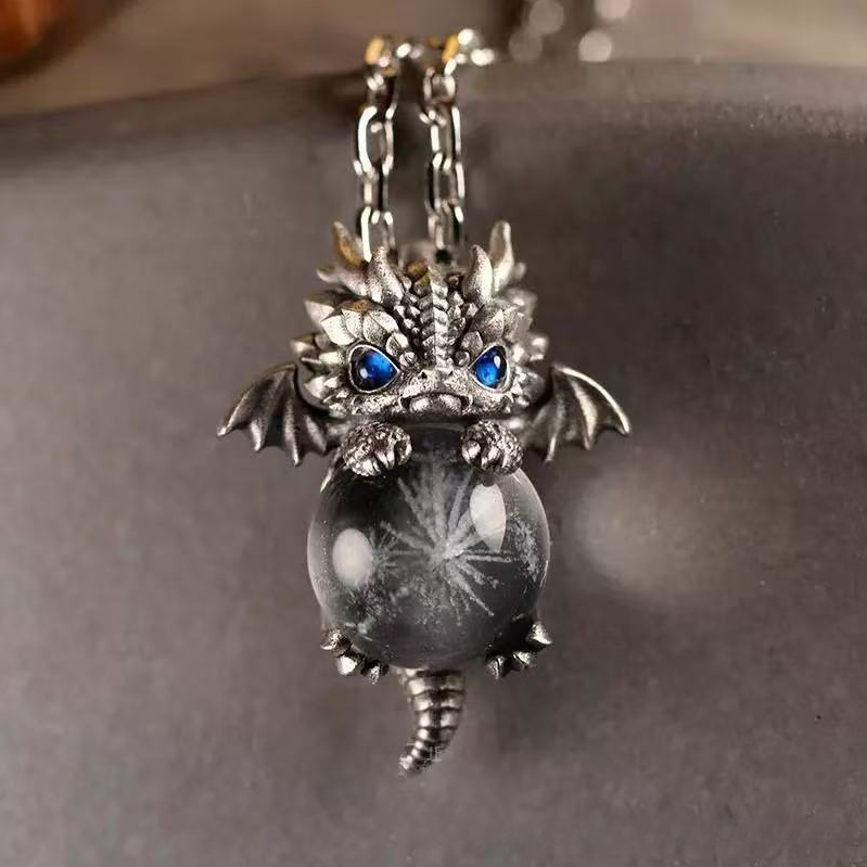 Cute Dragon Holding Crystal Ball Retro Necklace (Fantasy Dark Style Series)