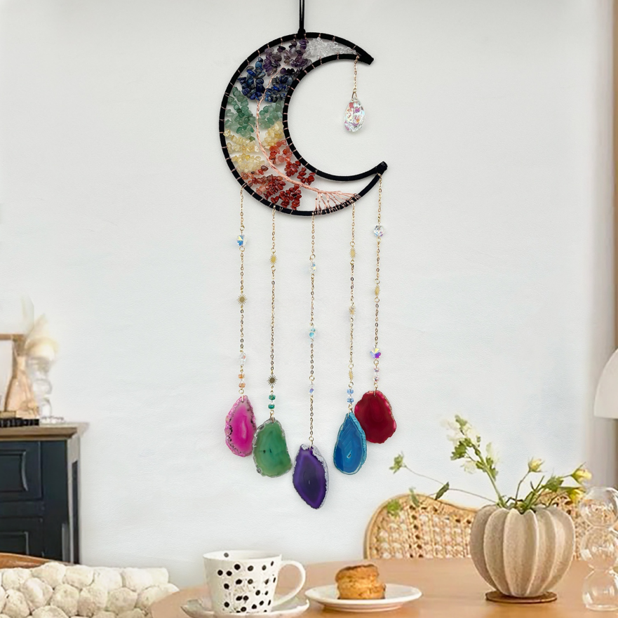 Natural Crystal Stones Moon Dreamcatcher Ornament (Spiritual Healing Style Series)
