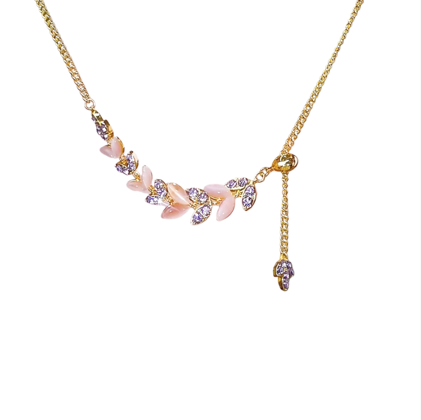 Pink Leaf Diamond-Inlaid Drawstring Clavicle Chain (Gentle Mature Style Series)