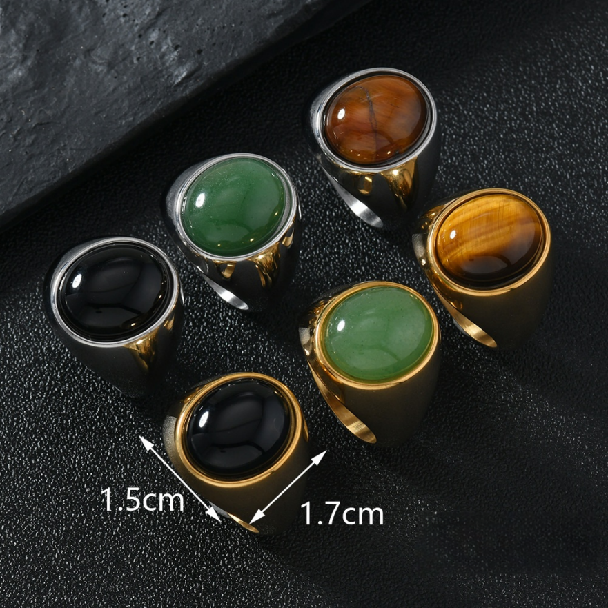 Cat's Eye Stone/Jade Wide Band Ring (Men's Vintage Texture Style)