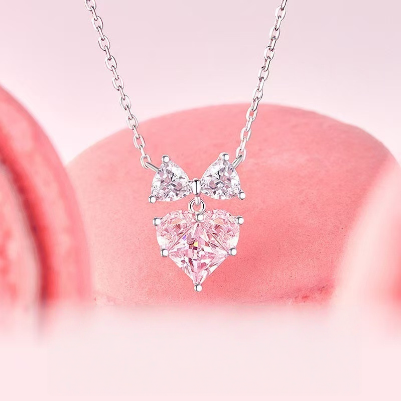 Bowknot Pink Heart Diamond Necklace (Women's Sweet Vitality Luxury Style)