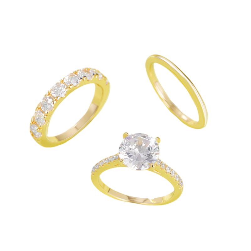 Gold Center Diamond Full Pave Triple Layer Stackable Ring (Luxury Glamorous Ritual Style)