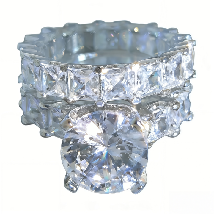 Silver Base Round Diamond + Baguette Diamond Double Layer Stackable Ring (Luxury Glamorous Ritual Style)
