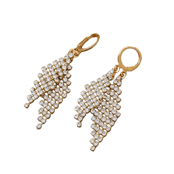 Gold Base Full Diamond Feather Tassel Earrings (Luxury Elegant Banquet Style)
