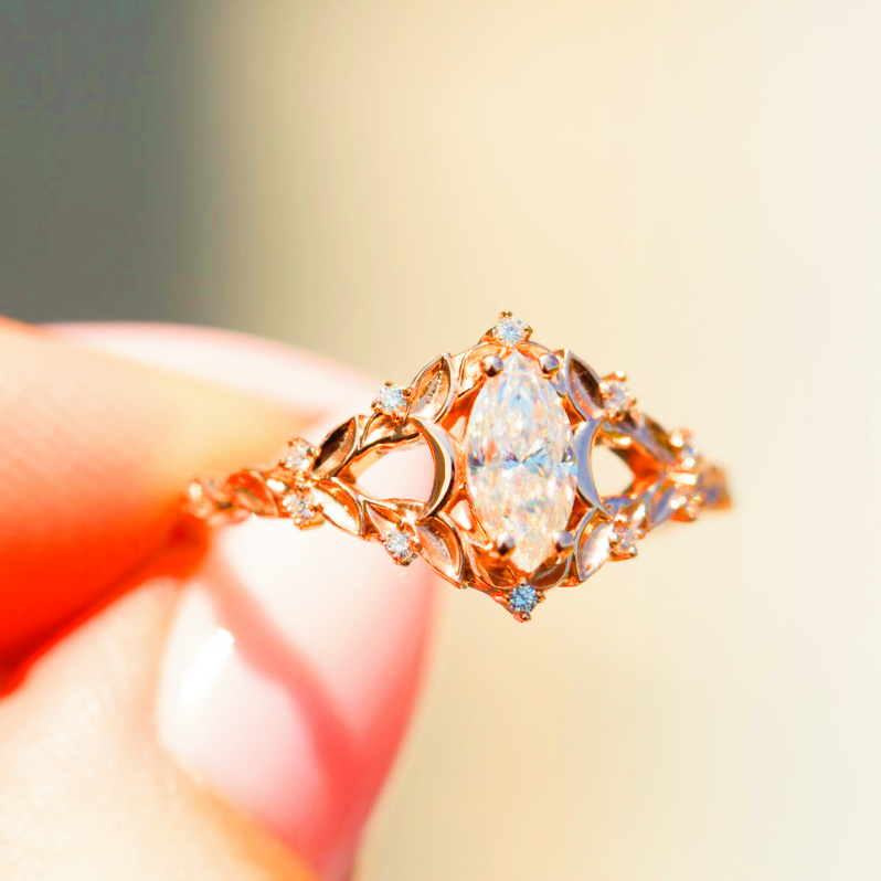 14K Gold Twig Marquise Center Diamond Ring (Vintage Palace Luxury Style)
