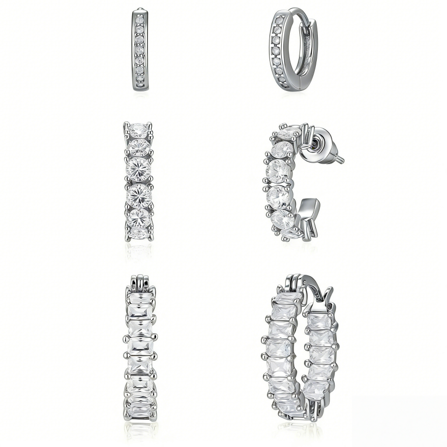 Two-Tone Segmented Diamond Bar Hoop Earring Set (Cool & Warm Style Dual Option)