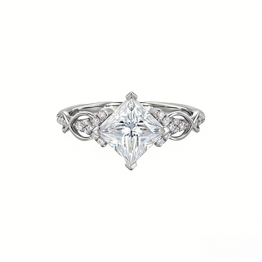 Princess Cut Diamond & Vine Openwork Ring (Light Luxury Romantic Proposal Style)