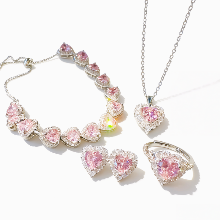 Pink Diamond Heart Halo Jewelry Set (Sweet-Cool Girlish Heart Light Luxury Style)