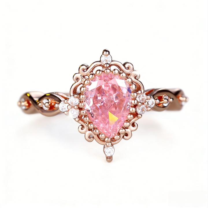 Vintage Pink Diamond Teardrop Carved Ring (Light Luxury Girlish Style Princess Ring)