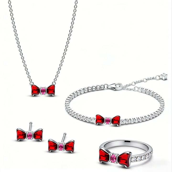 Pave Diamond Bowknot Light Luxury Jewelry Set (Necklace + Bracelet + Earrings + Ring)