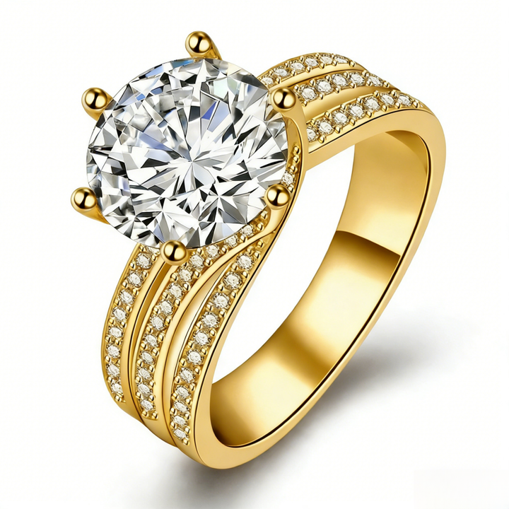Six-Prong Center Stone Triple Row Pave Ring (Light Luxury Proposal & Engagement Band)
