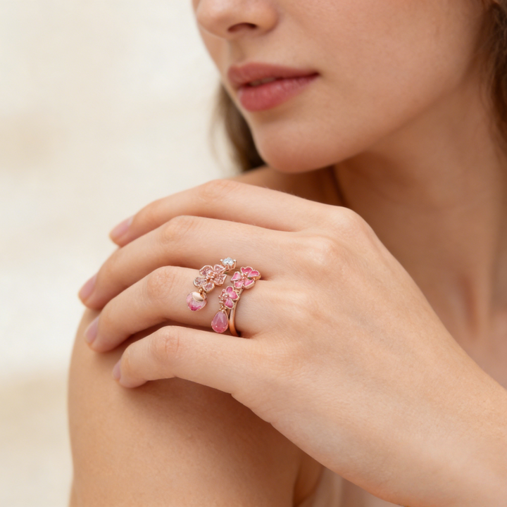 Pink Floral Cluster Open Ring (Light Luxury Niche Romantic Band)