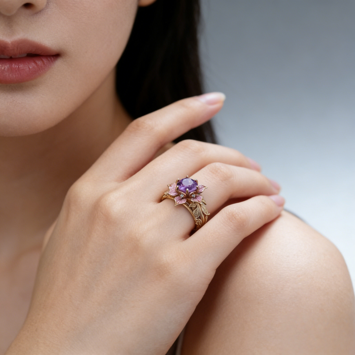 Amethyst Floral Relief Ring (Light Luxury Niche Vintage Band)