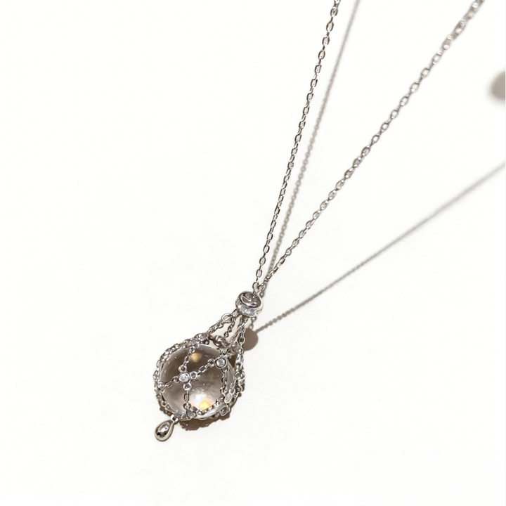 Crystal Ball "Wish Net" Pendant Necklace (Minimalist Silver Tone Clavicle Chain)