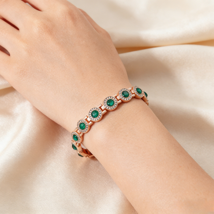 Rose Gold Tone Green Stone Pavé Health Bracelet (Delicate Magnetic Bangle)