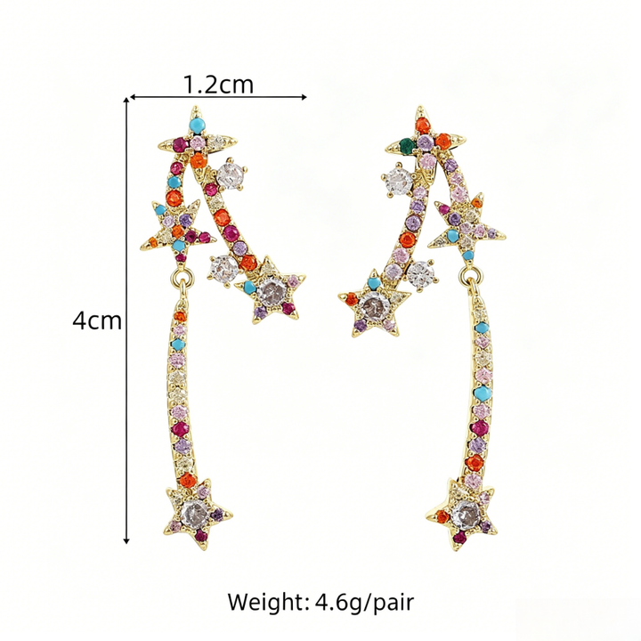 Asymmetric Shooting Star Diamond Drop Earrings, 3 Colors Long Fringe Star Jewelry