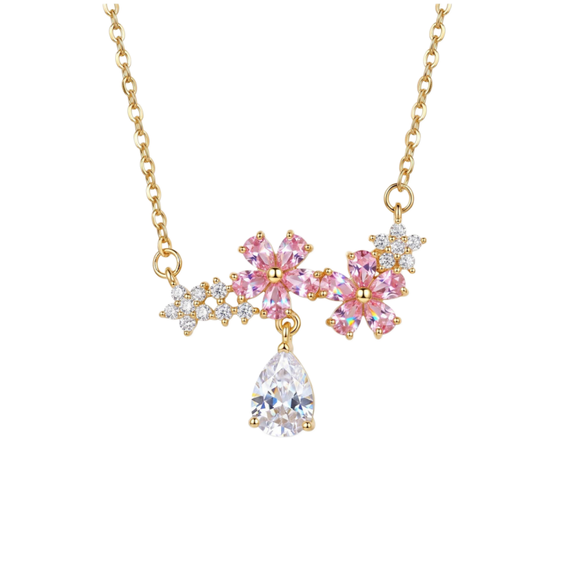 Pink Diamond Cherry Blossom Teardrop Clavicle Necklace, Dainty Floral Paved Stone Thin Chain