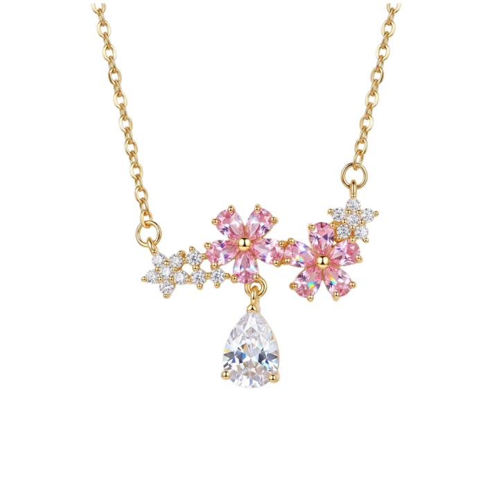 Pink Diamond Cherry Blossom Teardrop Clavicle Necklace, Dainty Floral Paved Stone Thin Chain