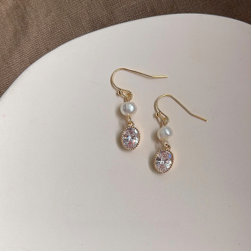Oval Diamond Pearl Drop Hook Earrings, French Light Luxury Long Face Slimming Dainty Earrings