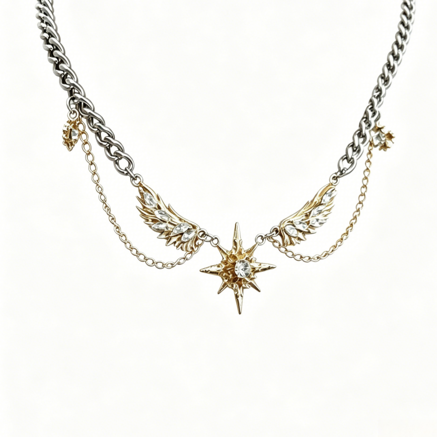 Vintage Wing Star Layered Spliced Necklace, Cool Wing Diamond Unisex Statement Choker