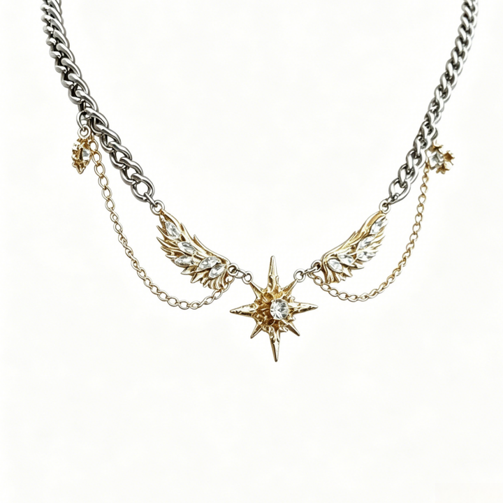 Vintage Wing Star Layered Spliced Necklace, Cool Wing Diamond Unisex Statement Choker