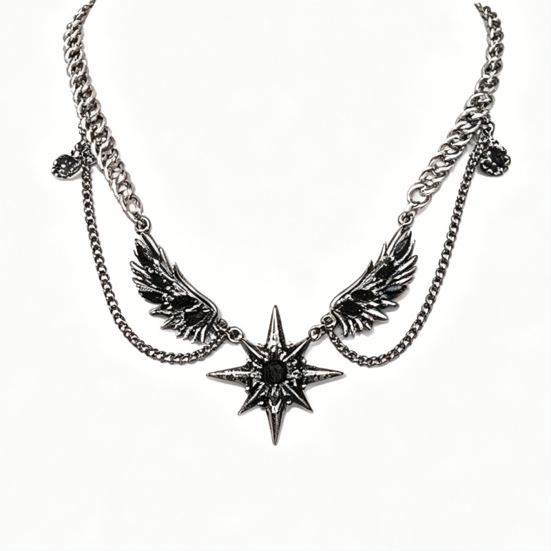 Vintage Wing Star Layered Spliced Necklace, Cool Wing Diamond Unisex Statement Choker