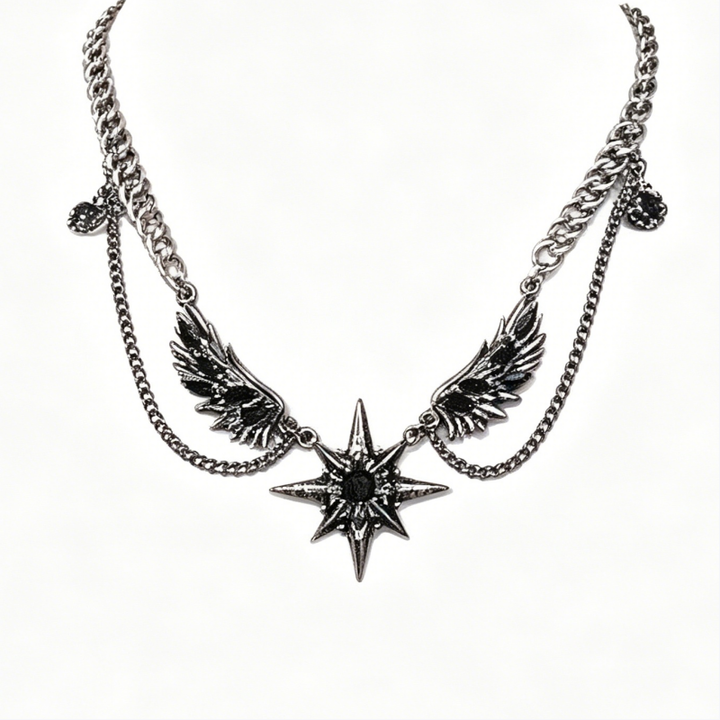 Vintage Wing Star Layered Spliced Necklace, Cool Wing Diamond Unisex Statement Choker