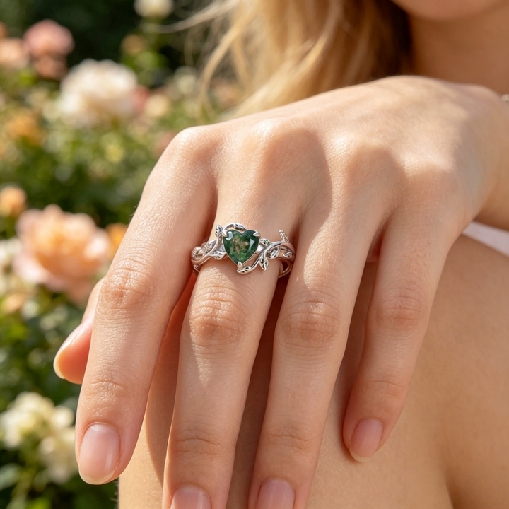 Vine Heart Moss Agate Ring, Silver Vintage Forest Style Heart Gemstone Band For Women