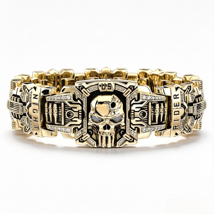American Biker Rider Segmented Embossed Skull Crystal Wide Signet Ring, S925 Silver Two-Tone Gold & Black Vintage Men Band