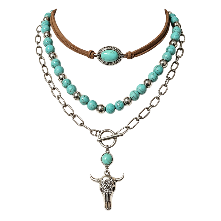 Western Multi-Layer Turquoise Bull Skull Stacked Necklace, S925 Silver Vintage Cowboy Double-Layer Choker Set
