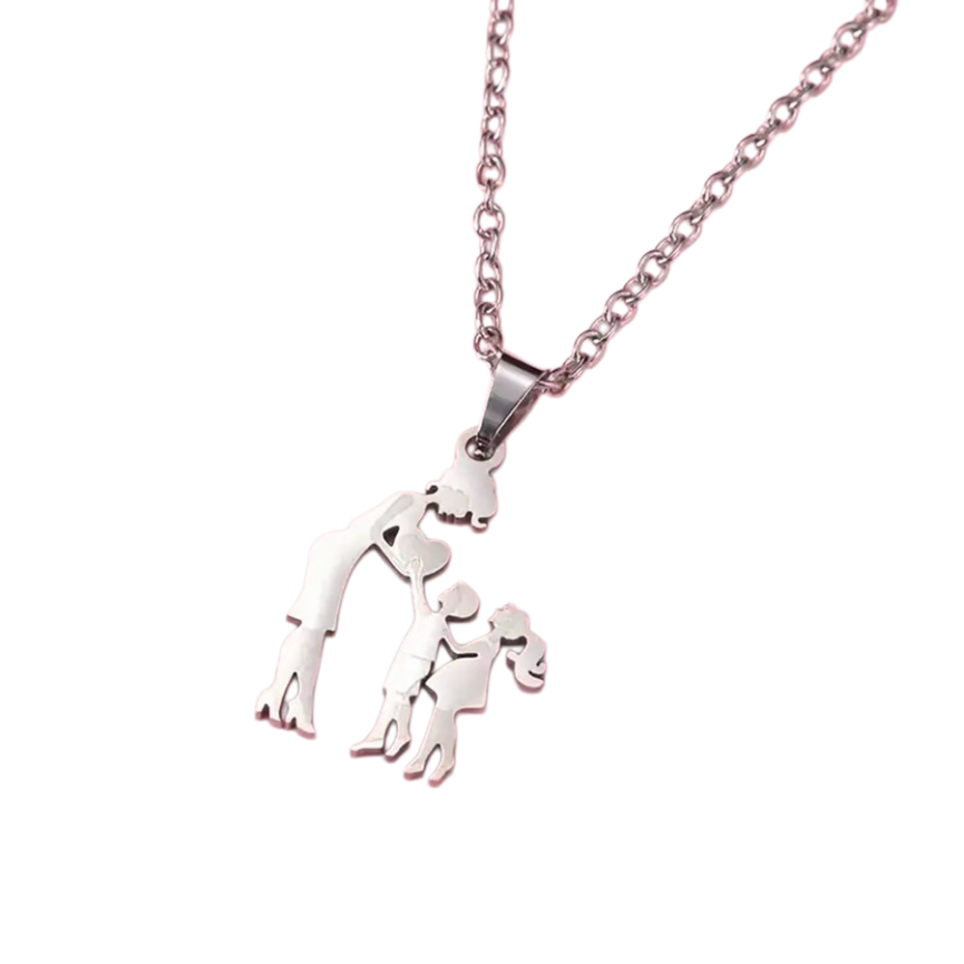 Mother & Kids Silhouette Pendant Necklace, 316L Titanium Steel Silver Plated Family Keepsake Necklace, Multiple Figures, Gold & Silver Family Jewelry