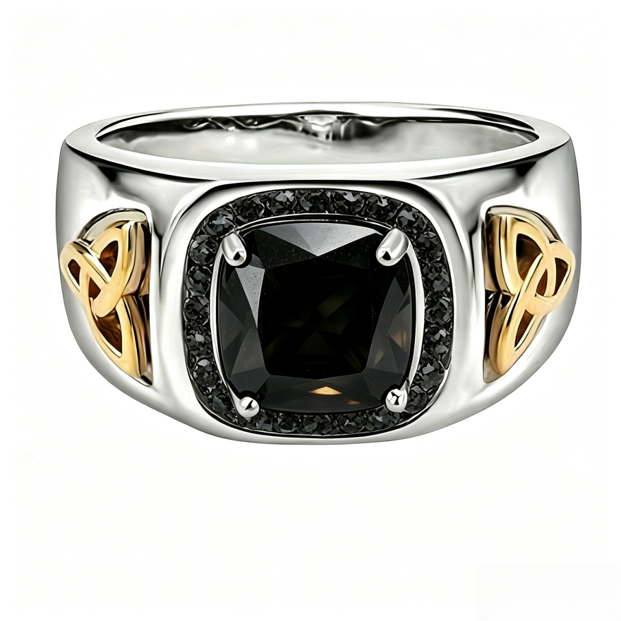 S925 Silver Two‑Tone Celtic Knot Square Gemstone Ring, Vintage Contrast Paved Wide Men Band