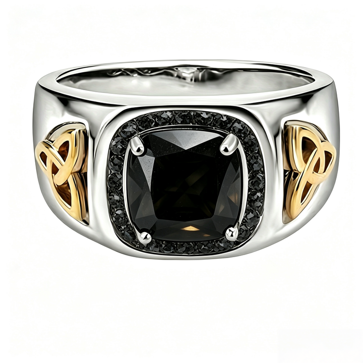 S925 Silver Two‑Tone Celtic Knot Square Gemstone Ring, Vintage Contrast Paved Wide Men Band