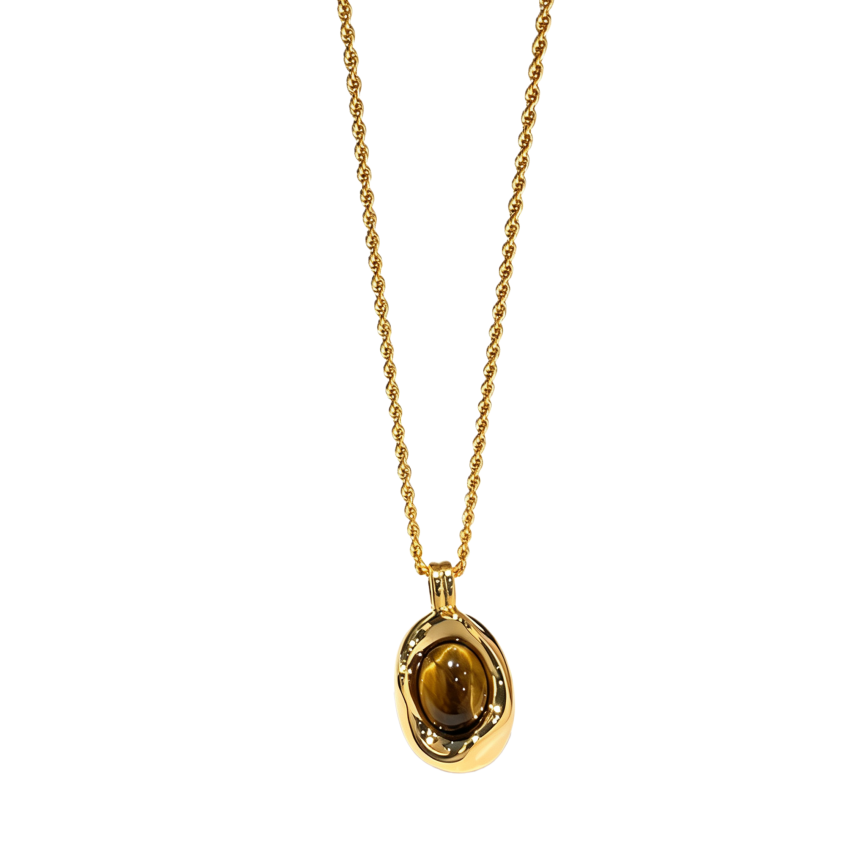 S925 Silver‑Gold‑Plated Irregular Texture Tiger's Eye Pendant Necklace, Vintage Luxury Women's Choker