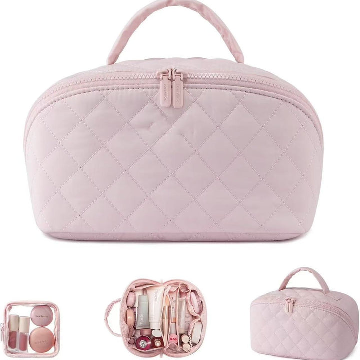 Quilted Grid Portable Large-Capacity Cosmetic Bag (Soft Pink Light Luxury Style Series)