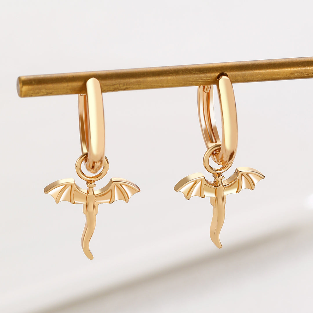 Flying Dragon Charm Hoop Earrings, Dragon Wing Huggie Hoops, Gold & Silver Gothic Punk Earrings