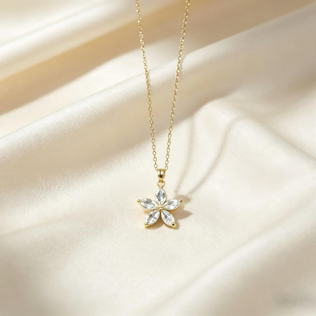 Marquise Diamond 5-Petal Flower Collarbone Necklace, Multi-color Dainty Floral Chain, Gold & Silver Two-Tone Elegant Ladies Jewelry